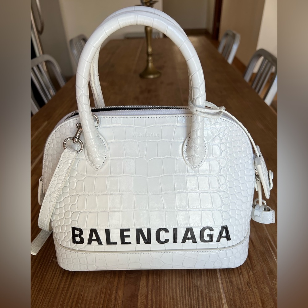 Balenciaga White Crocodile Ville Top Handle Bag with Black Letters